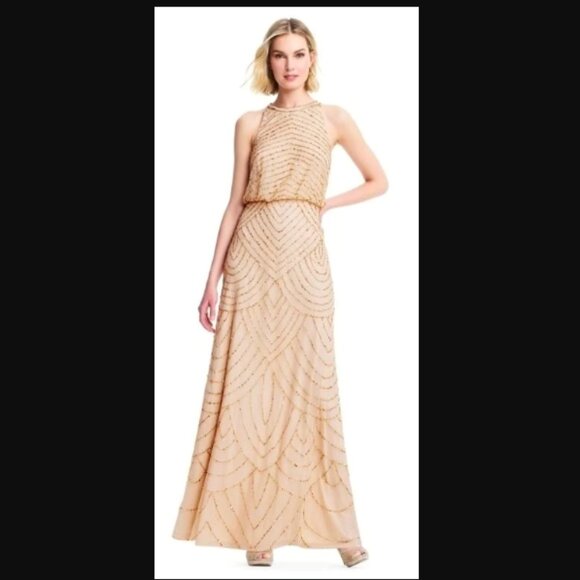 NWT Adrianna Papell Champagne Art Deco Beaded Gown, size 12 - Picture 1 of 10
